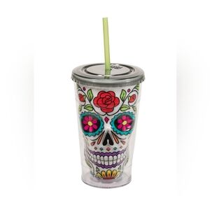 Skull Chiller Tumbler White Sugar Skull Design with Twist Off Lid & Straw #New